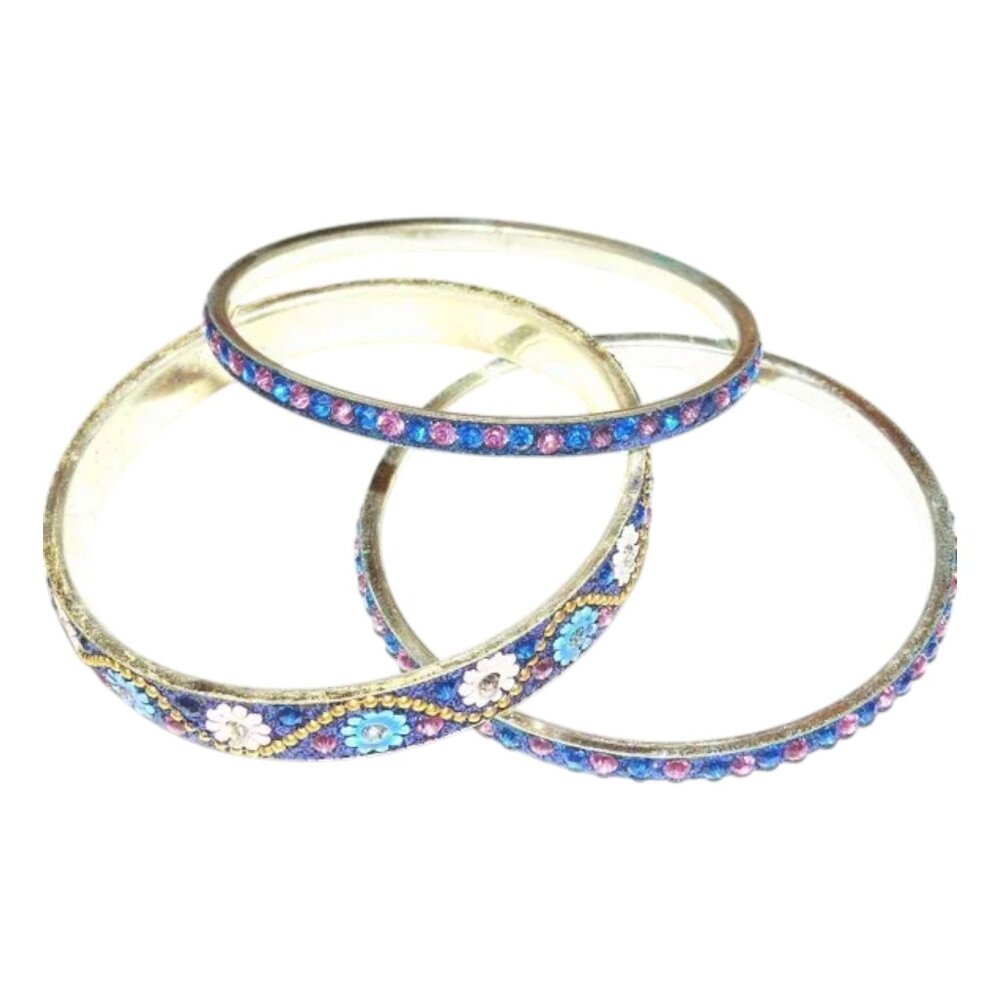 NIB Blue Silver 20mm Flowered Aluminum 3 Bangle Bracelet Set 2.75" Inside BR494